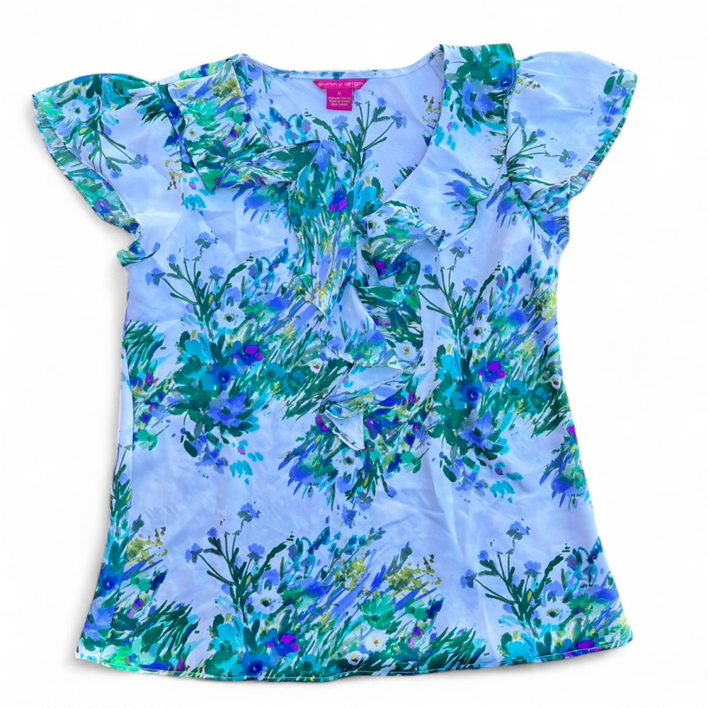 Sunny Leigh Cap Sleeves Floral Shirt Size M - Picture 2 of 6